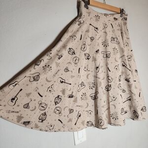 Rock Steady Kitschy Camp Circle Swing Skirt Beige Music Gutair Camping Size L